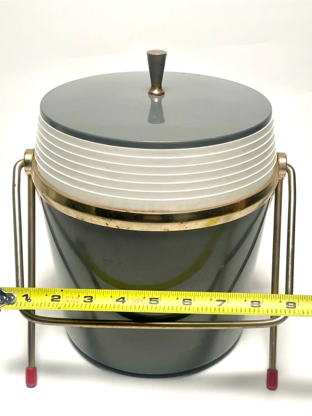 Vintage Mid Century Modern Charcoal Grey Ice Bucket & Metal Caddy Stand Legs